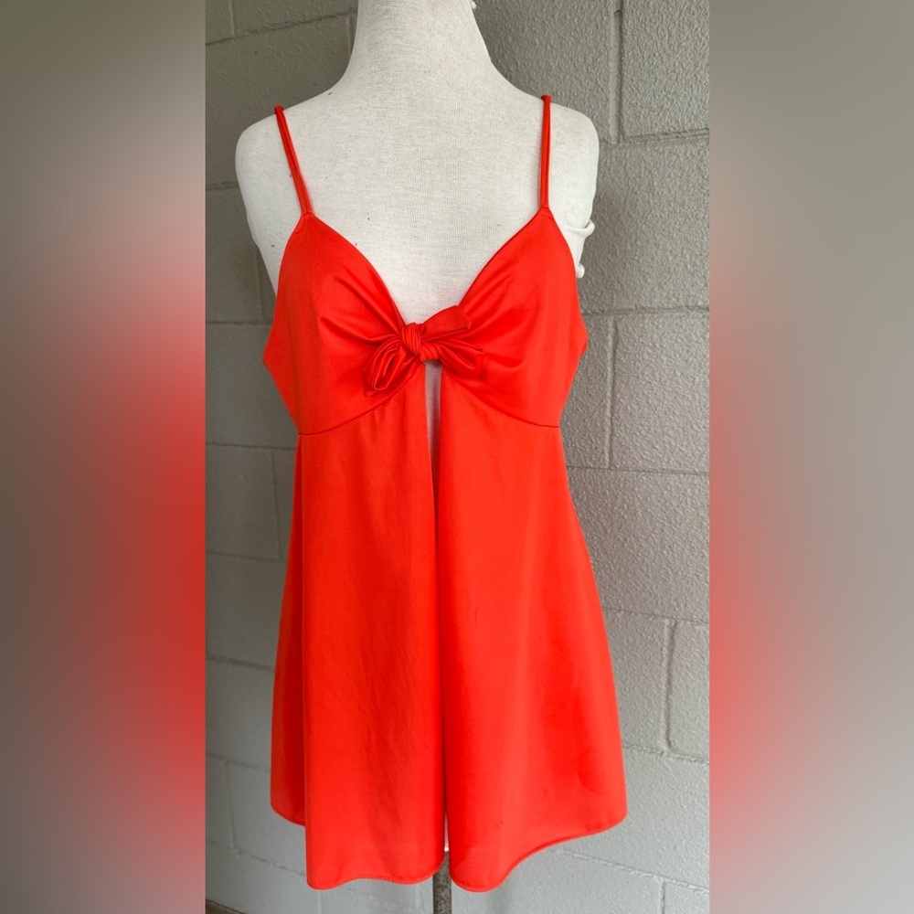 Vtg 70s VAN RAALTE Coral Orange Silky Nylon Bow Tank Lingerie Slip Top 36 As Is